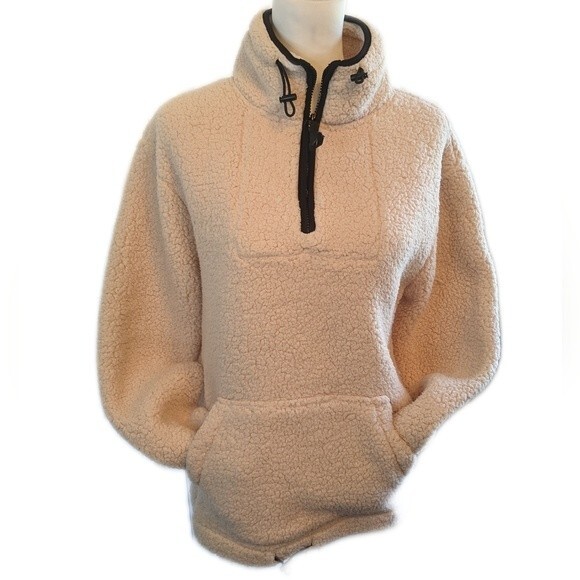 Love Tree teddy fleece nubby quarter zip jacket, off white & black S - Picture 1 of 9